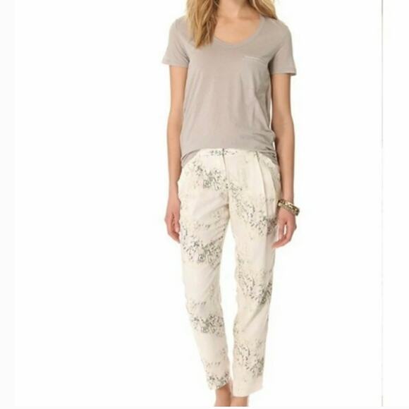 THEORY 100% Silk Ivory Floral Relaxed Chino Tapered Pleat Pants Spring Size 6 - Picture 13 of 13